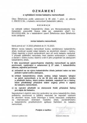 Oznámení o vyhlášení revize katastru nemovitostí - katastrální území Šilheřovice