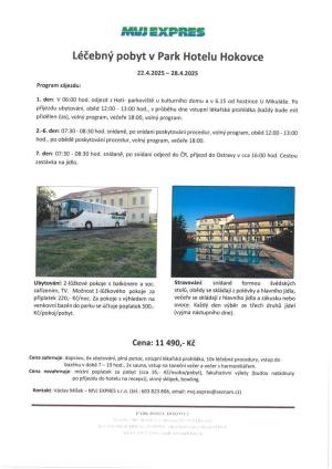 Léčebný pobyt v Park Hotelu Hokovce 22. 4. - 28. 4. 2025